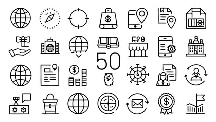 International Trade and Global Business Icons Collection Featuring Economic Exchange Financial Transactions Supply Chain and Worldwide Commerce Design
