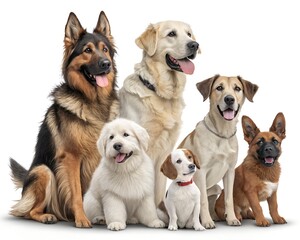 Adorable group of friendly dogs of various breeds sitting together on white background, perfect for pet and animal-themed concepts