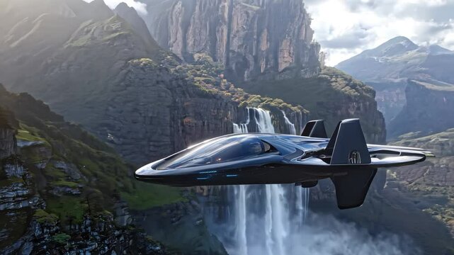 Futuristic Aircraft Flying Over Magnificent Waterfall and Mountains