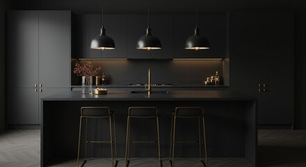 Fototapeta premium Sleek Dark Kitchen Island with Pendant Lighting - Modern, sophisticated kitchen design. Dark cabinetry, countertops