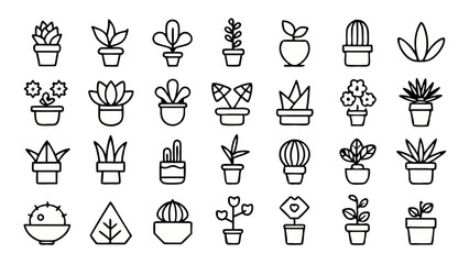 Botanical Houseplant Icons in Thin Line Style Representing Indoor Greenery Leaf Shapes Potted Arrangements and Home Decor Aesthetics for Urban Homes