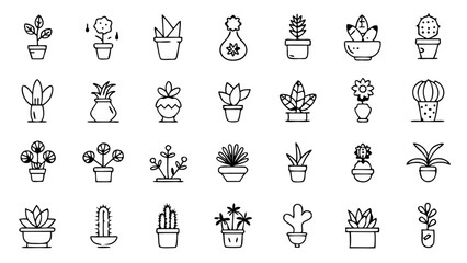 Indoor Houseplant Icon Set in Minimal Line Design Featuring Decorative Foliage Botanical Elements Potted Plants and Greenery for Home Interior Design