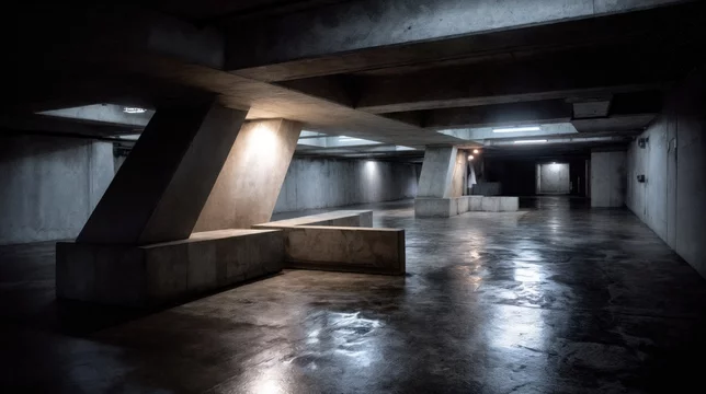 Angular Concrete Interior with Harsh Light Beams