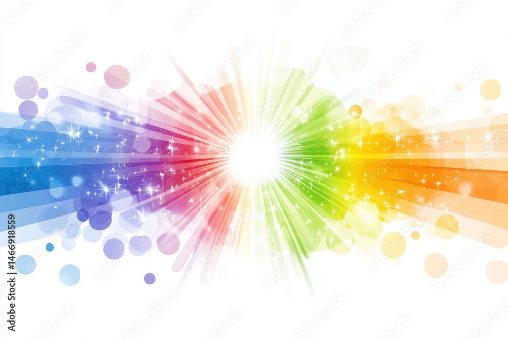 Poster abstract rainbow burst on white background graphic design element with bokeh and sparkles radiating 