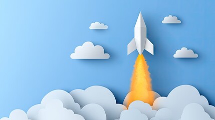 Paper rocket launching through layered clouds.