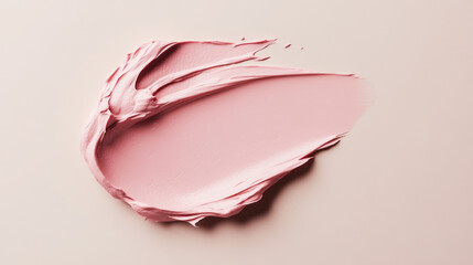 Close-up of smooth pink cosmetic cream or makeup foundation smeared on a soft beige background. Generative AI