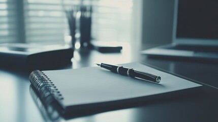 Naklejka premium Open notebook with sticky notes, paperclips, and a fountain pen on a light desk surface
