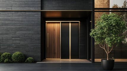 Modern house entrance, dark stone, wood door, evening