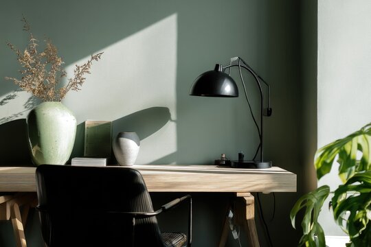 Workspace with minimalist decor, task lamp, and green pot --ar 3:2 --v 7 Job ID: da0c7d20-6a29-41c1-86dd-bd3e669bc4c2