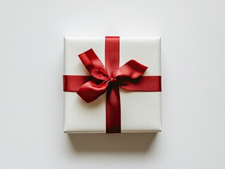Simple white gift box with a red ribbon and bow.  A top-down view of a square gift box wrapped in white paper and tied with a maroon-red satin ribbon, creating a symmetrical bow.  Clean and elegant