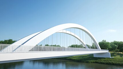 Obraz premium Close side view of a white bridge, its arched design forming perfect curves on both sides, illuminated by natural daylight under a clear blue sky 
