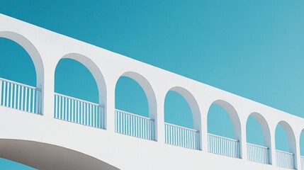 Obraz premium Close-up side view of a white arched bridge with flowing arcs and clean railings, under a radiant, cloudless blue sky. 