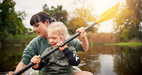 River, child and woman with teaching for kayak, water activity and adventure in summer camp. Lake,...