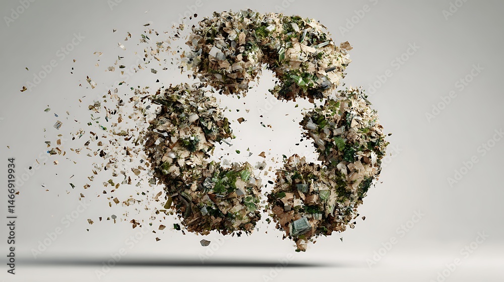 Poster Conceptual image of a recycle symbol formed with crushed