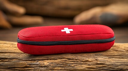 Red first-aid kit case on wooden log