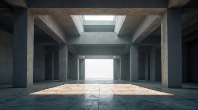 Minimalist Brutalist Space with Dramatic Lighting