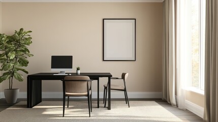 Modern home office with desk, chairs, and large window