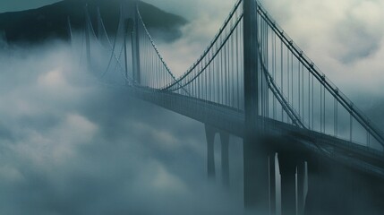 Endless bridge shrouded in dense fog, its structure fading into obscurity, evoking a journey into the unseen. Dreamlike and ethereal tones.  