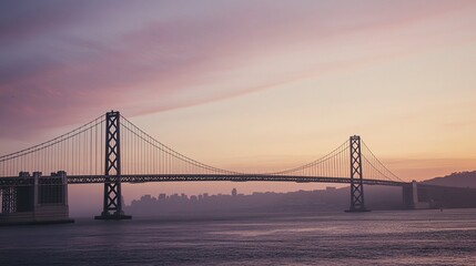 Fototapeta premium Expansive sunset view of a cutting-edge bridge, glowing in warm twilight tones, with vivid sky gradients. Ideal for posters or magazine visuals. 