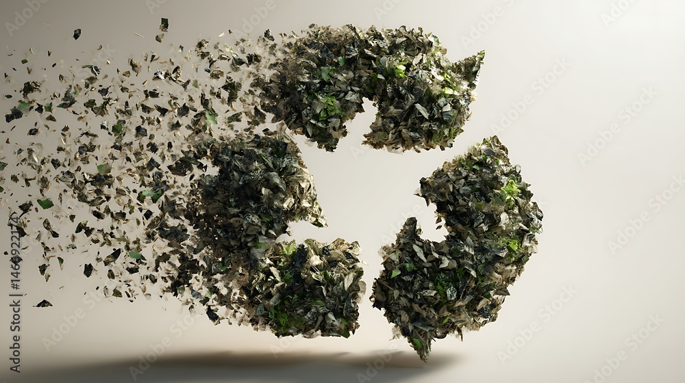 Poster Conceptual image of a recycle symbol formed with crushed