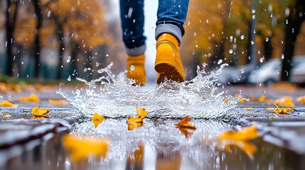 Fototapeta premium Jumping Into a Puddle with Yellow Boots in Autumn