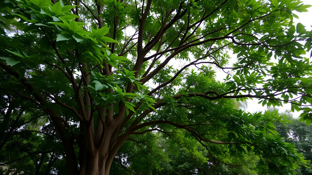 a Single large green Banyan tree with thick leaves, taller than the surrounding trees