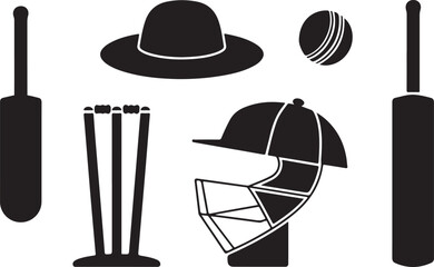 Vector illustration of cricket equipment and accessories in a simple black and white style
