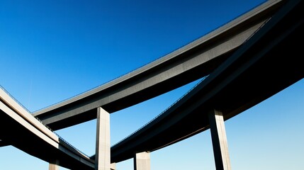 Low shot of a sprawling bridge with intricate trusswork set against a pure blue sky, capturing civil engineering expertise. Balanced light, sharp detail. 