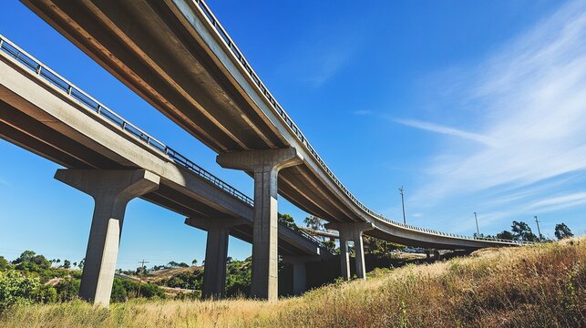 Low shot of a sprawling bridge with intricate trusswork set against a pure blue sky, capturing civil engineering expertise. Balanced light, sharp detail.  