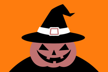 Spooky Pumpkin Witch Hat Halloween Design Orange Background Simple Illustration
