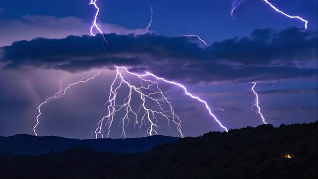 Lightning storm over hills at night