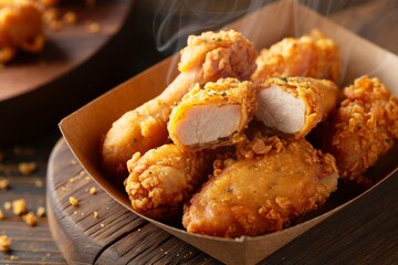 Close-up of crispy golden-brown fried chicken with crunchy coating, served rustic-style in warm lighting with rich texture and juicy detail