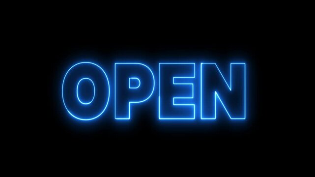 Open neon sign. Neon sign open. Open logo animation.	