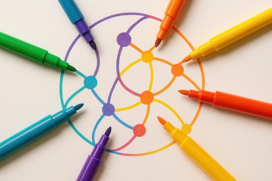 Colorful markers laid in a circular arrangement on a white surface, each pen drawing a section of a connected, multicolored line with circular nodes