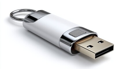 USB Flash Drive Keychain: A sleek, white USB flash drive with a silver metallic accent and a key ring, perfect for portable data storage and convenient access.