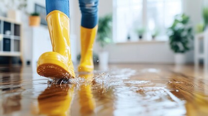 Water damage from burst pipe, woman wading through flooded room wearing yellow rubber boots, navigating damaged interior