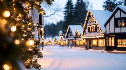 Fototapeta premium Soft snowflakes drifting over charming christmas village street, glowing with festive night illumination