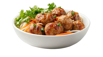 Fototapeta premium Delicious Asian Meatballs Recipe Savory Sweet Tangy Sauce Noodles Carrots Cilantro isolated on transparent background