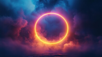 Glowing Neon Circle Amidst Colorful Clouds in Dreamlike Dark Fantasy Background with Futuristic Energy and Vibrant Light