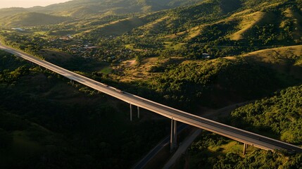 Obraz premium Overhead view of a motorway bridge spanning a lush valley, connecting towns at dusk, warm twilight hues casting long shadows over verdant hills and forests. 