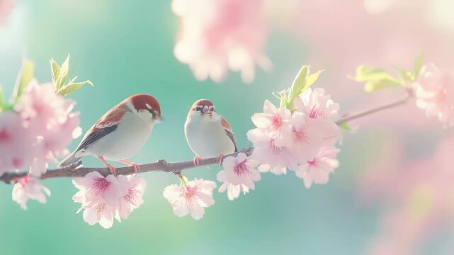 Two sparrows are perching on a cherry tree branch covered in beautiful pink blossoms, enjoying the warm spring sunshine and the vibrant colors of nature