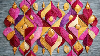 Obraz premium Thai-inspired diamond motif fabric, interlocking design, rich burgundy and gold hues, textured linen background, perfect for upholstery or stylish home decor.