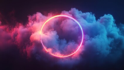 Glowing Neon Ring Surrounded by Pink and Blue Smoke Against a Dark Background Creates a Mystical Futuristic Aesthetic