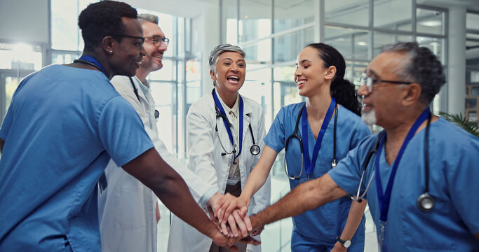 Doctors, teamwork and hands together for huddle, motivation or goal success in hospital meeting. Support circle, collaboration or proud healthcare worker community for medical mission achievement - Powered by Adobe
