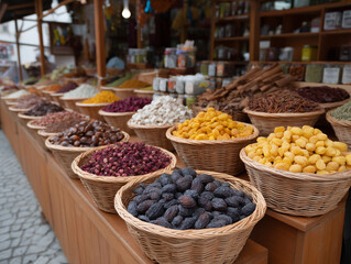 Aromatic Bazaar: An enchanting scene unveils a vibrant array of spices and herbs, brimming in traditional baskets at a bustling market, emanating an inviting sensory experience.