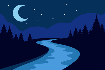 moonlight over a calm river winding through dense  