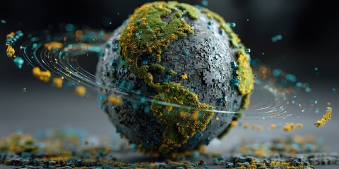 Digital globe composed of small pixelated pieces in green, yellow, and grey