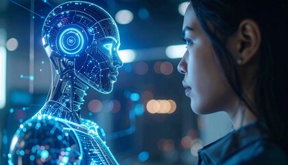 A humanoid robot AI agent hologram sharing knowledge with a human during the singularity symbolizing agentic autonomy and AGI technology in the future using superintelligence