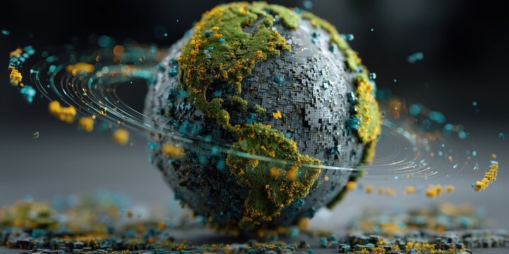 Digital globe composed of small pixelated pieces in green, yellow, and grey