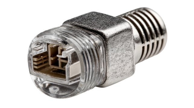 Industrial Connector: Close-up view of a robust, metallic industrial connector with clear plastic housing, showcasing intricate internal details and threaded connection. 